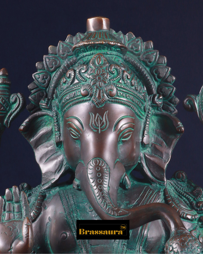 Brassaura™ Handcrafted Pure Brass Ganesha Idol with Bronze & Mud Green Patina – 12.25" Height, 8 kg – Lotus Base Divine Décor