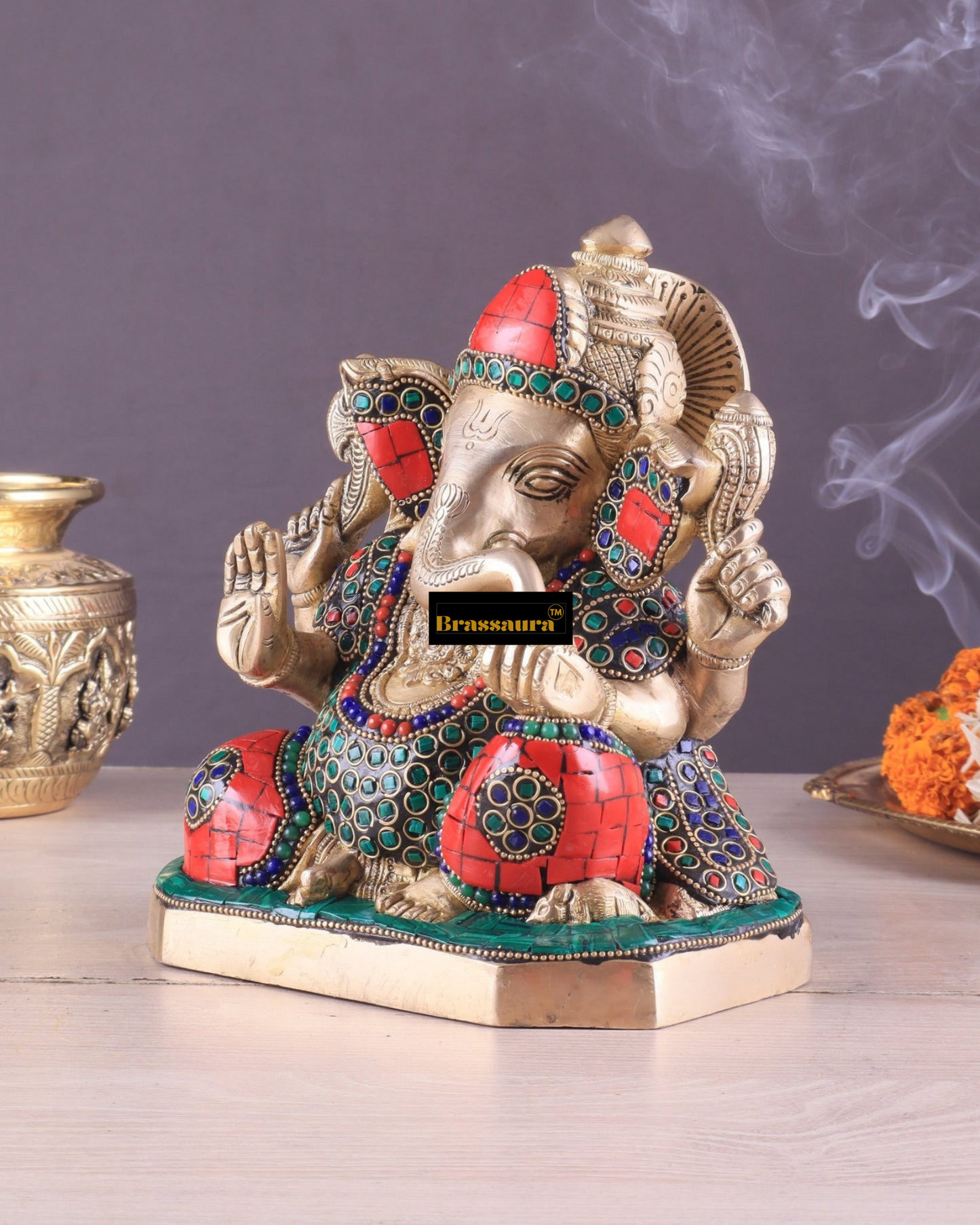 Brassaura™ Pure Brass Ganesha Statue – 7.5 Inch Height | 3.88 kg | Handcrafted with Stone Inlay