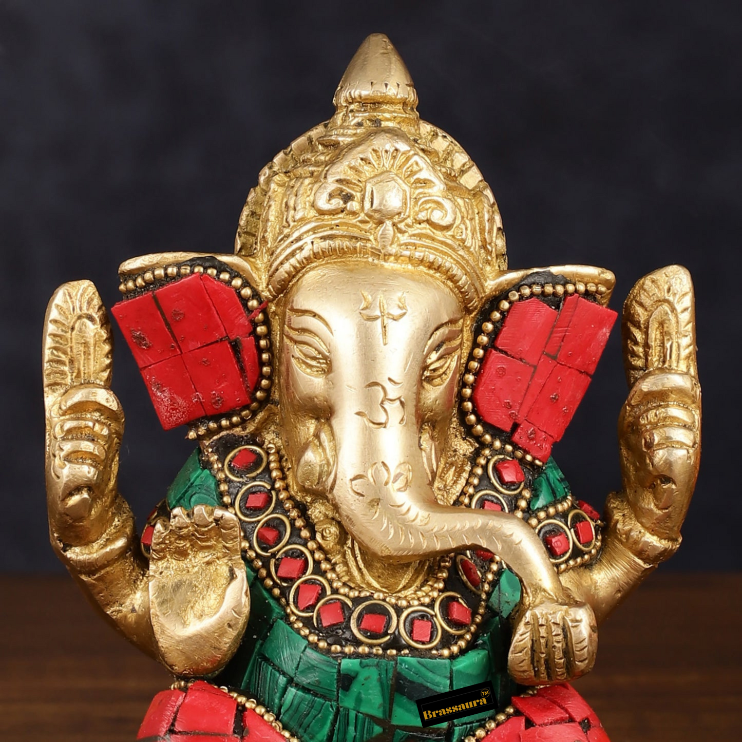 Brassaura™ Meenakari Brass Ganesha Idol – 5 Inch Height | 0.8 kg | Handcrafted with Red & Green Stones | Spiritual Gift & Home Decor
