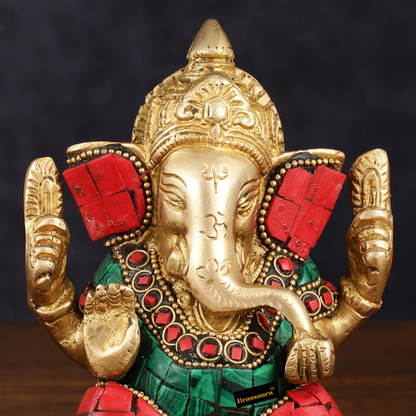 Brassaura™ Meenakari Brass Ganesha Idol – 5 Inch Height | 0.8 kg | Handcrafted with Red & Green Stones | Spiritual Gift & Home Decor