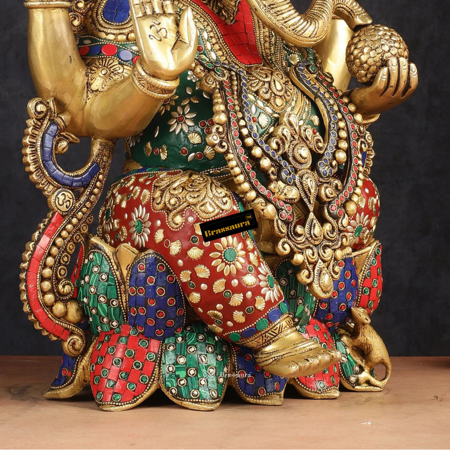 Brassaura™ Handcrafted Brass Ganesha Idol on Lotus with Mooshak | Height 21 inches | Weight 22 Kgs | Meenakari Stonework | Spiritual Decor