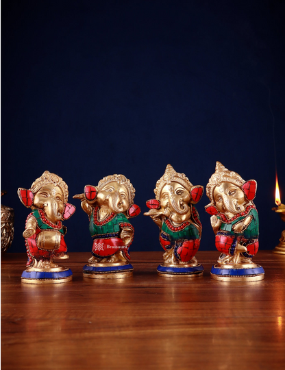 Brassaura™ Set of 4 Baby Brass Ganesha Idols – 5 Inch Height Each | 4 kg Total | Handcrafted with Stonework & Golden Accents