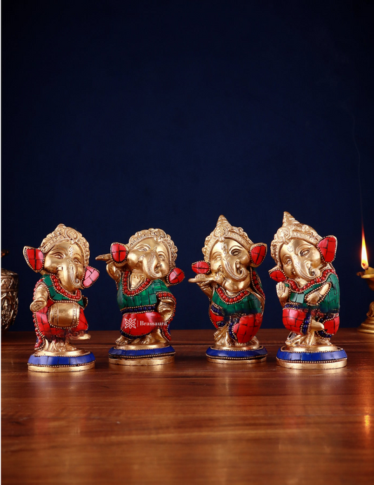 Brassaura™ Set of 4 Baby Brass Ganesha Idols – 5 Inch Height Each | 4 kg Total | Handcrafted with Stonework & Golden Accents