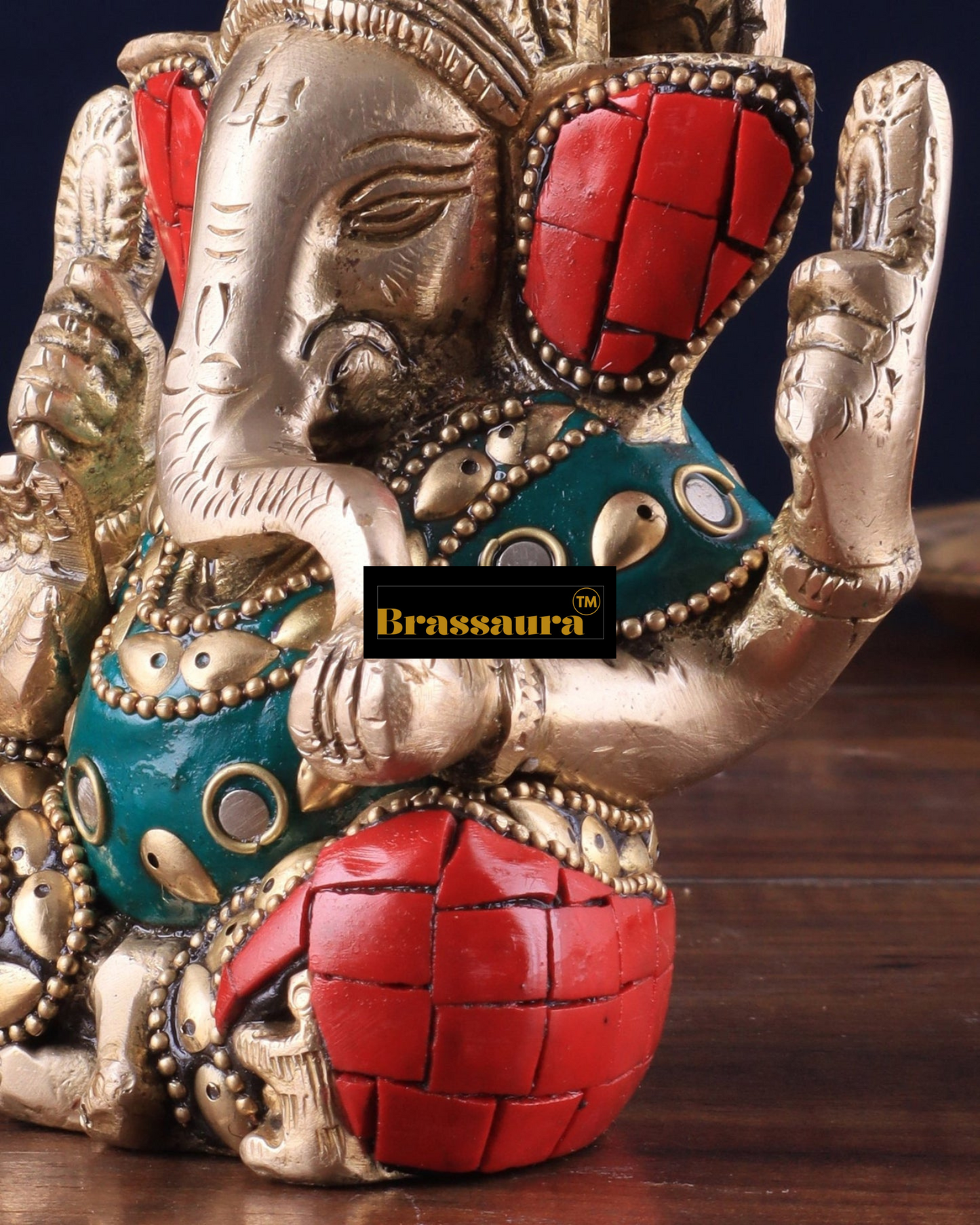 Brassaura™ Small Pure Brass Lord Ganesha Idol – 5 Inch Height | 0.8 kg | Intricate Stonework | Spiritual Décor