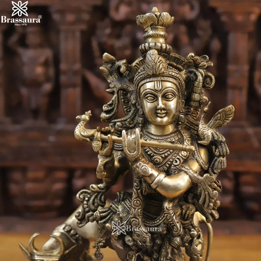 Brassaura® Lord Krishna Playing Flute with Cow Idol with Antique Finish | Pure Superfine Brass Handcrafted Murti | Brass Statue for Home Temple, Pooja Room | Height 17 Inches | Weight 8.6 Kgs