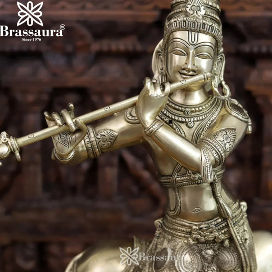 Brassaura® Lord Krishna Playing Flute with Sacred Cow Idol | Pure Superfine Brass Handcrafted Murti | Brass Statue for Home Temple, Pooja Room & Living Room | Height 25 Inches | Weight 26.9 Kgs