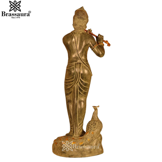 Brassaura® Handcrafted Muralidhara Stone Finish Brass Krishna Idol | Vintage Stone Finish Lord Krishna Playing Flute Murti with Peacock for Home Temple & Luxury Décor | Height 30 Inches | Weight 14.6 Kgs