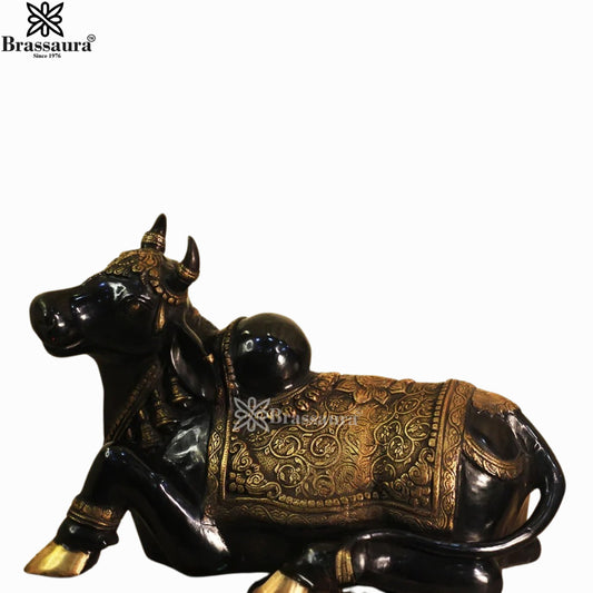 Brassaura® Black & Antique Gold Nandi Brass Statue | Sacred Vehicle of Lord Shiva | Height 14 Inches & Weight 17.5 Kgs