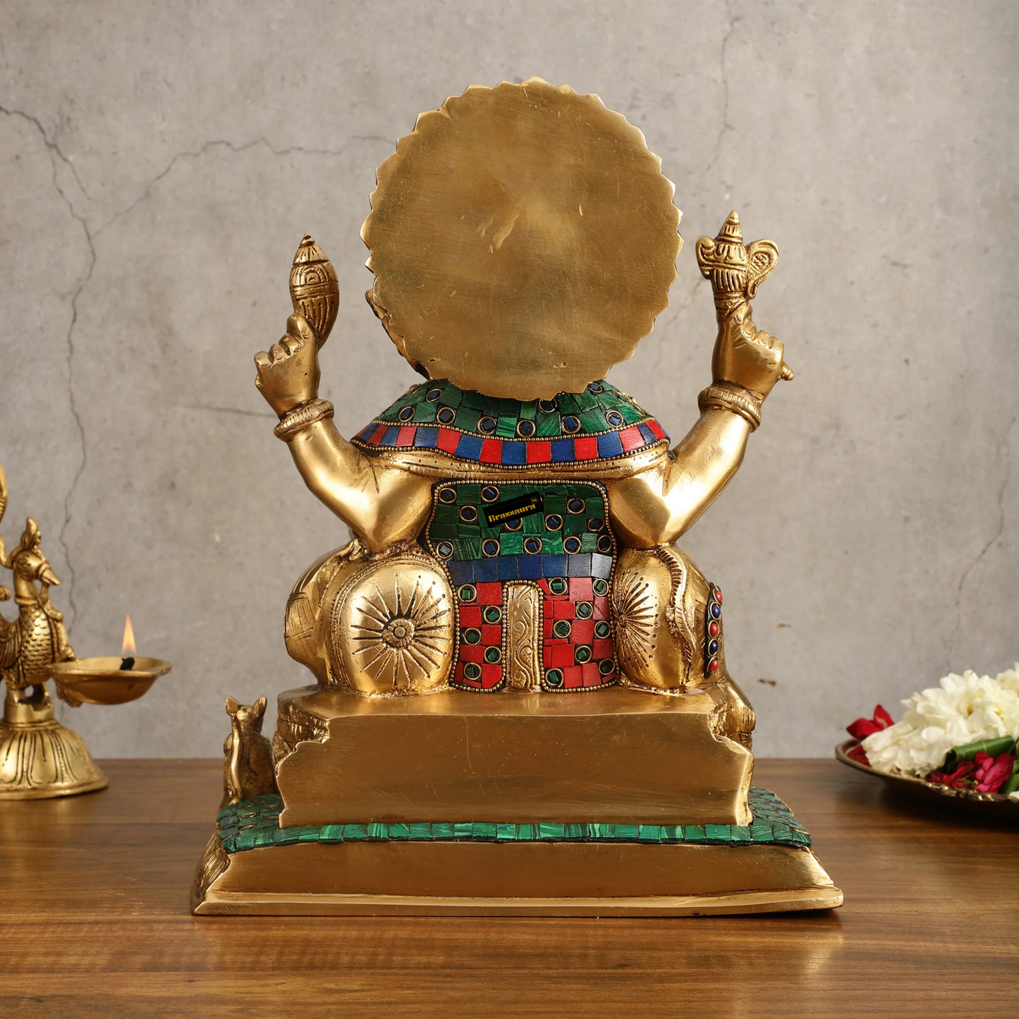 Brassaura™ Superfine Brass Ganesha Idol with Fruit Bowl & Modak Thali | 13" Height | 12 Kg | Intricate Stonework