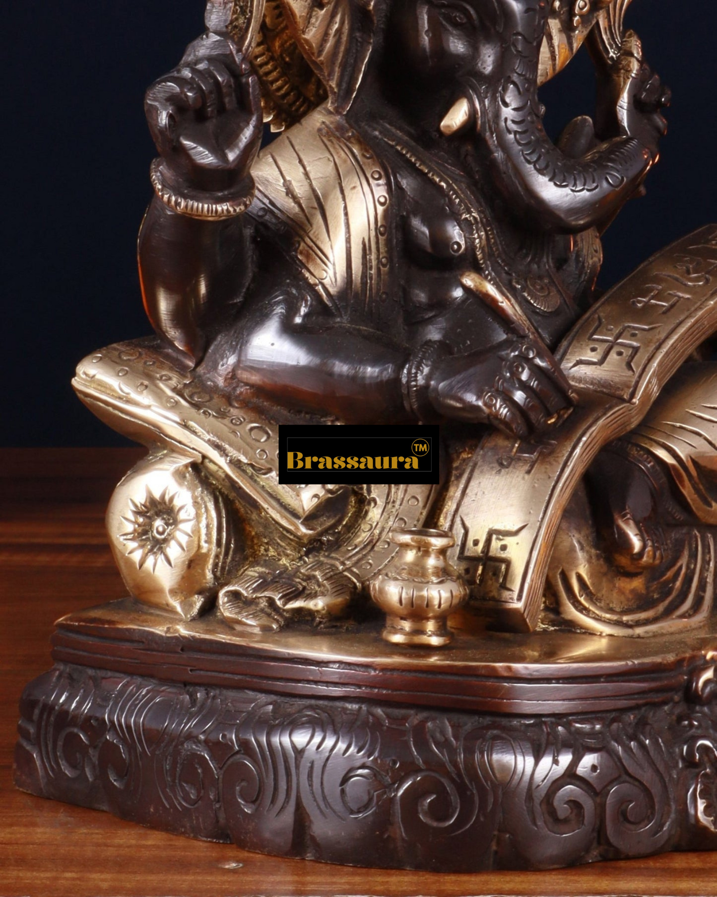 Brassaura™ Brass Lord Ganesha Writing Statue – 7.5" Height, 2.8 kg – Black Tone Finish | Symbol of Wisdom & Learning