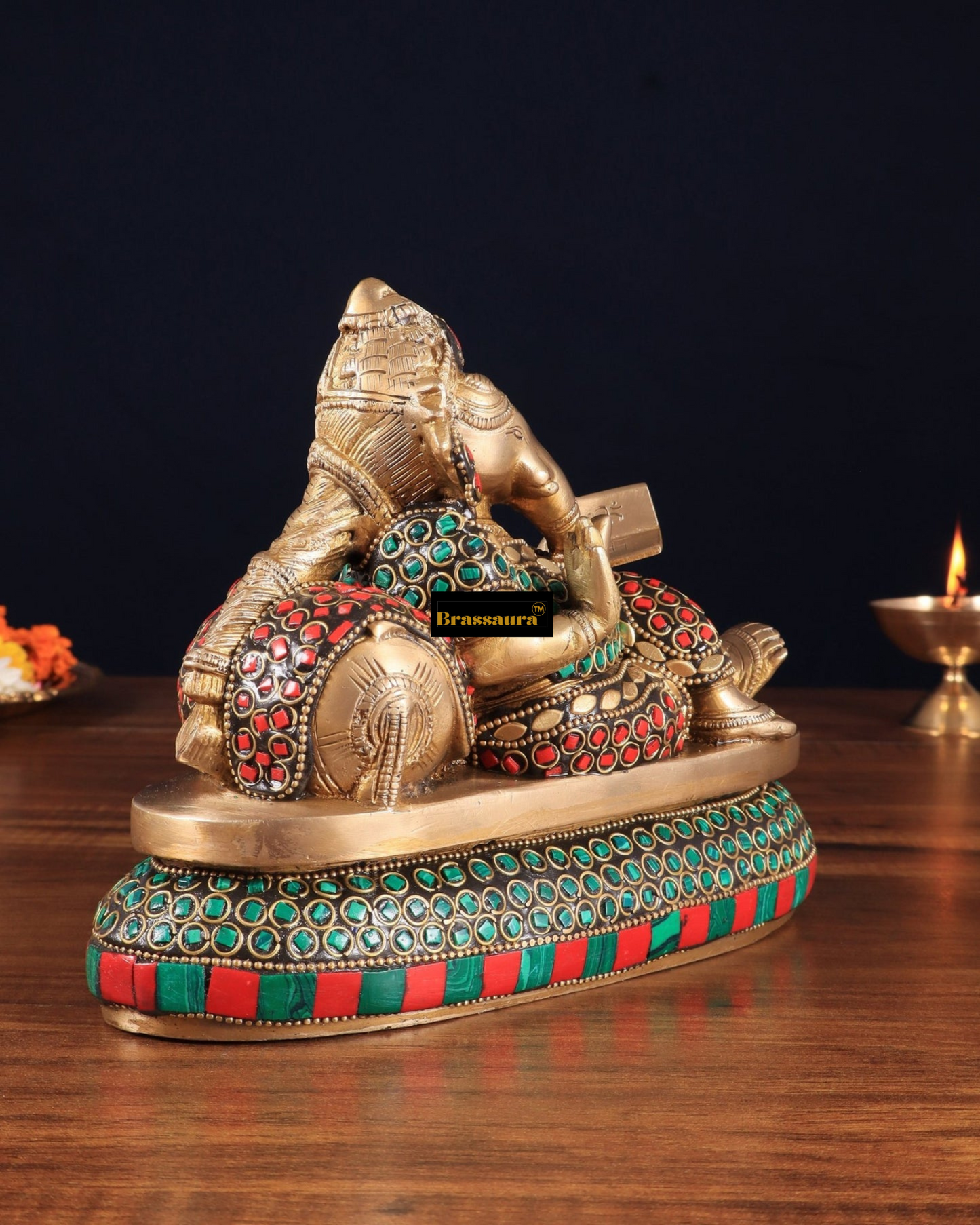 Brassaura™ Handcrafted Brass Ganapathi on Peacock Throne – 7.5" Height, 4.5 kg – Adorned with Multicolored Stones