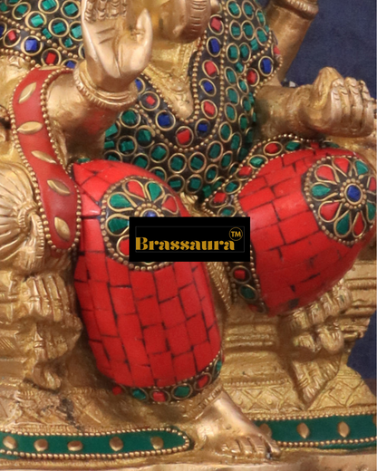 Brassaura™ Handcrafted Brass Ganesha Idol – 10" Height, 5 kg – Meenakari Stonework for Home & Office Décor