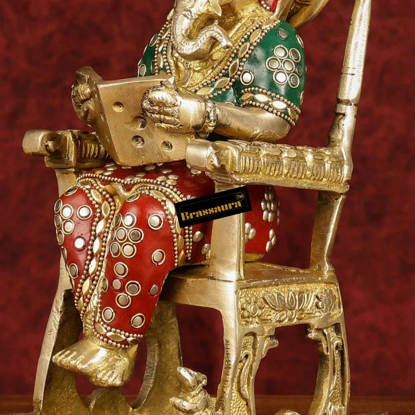 Brassaura™ Pure Brass Reading Ganesha on Rocking Chair – Height 11 Inches, Weight 3.5 Kgs | Meenakari Art