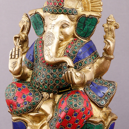 Brassaura™ Brass Gemstone Work Ganesha Idol – 10 Inch Height | 4.5 kg | Multi-Coloured | Good Luck Statue for Home Decor, Diwali, Housewarming & Wedding Gift