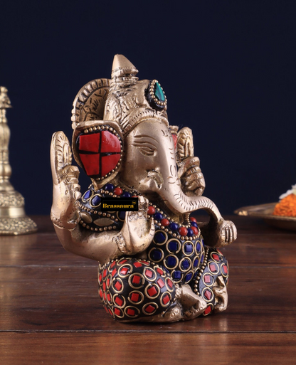 Brassaura™ Small Pure Brass Lord Ganesha Idol – 5" Height, 0.8 kg – Intricately Adorned with Stonework