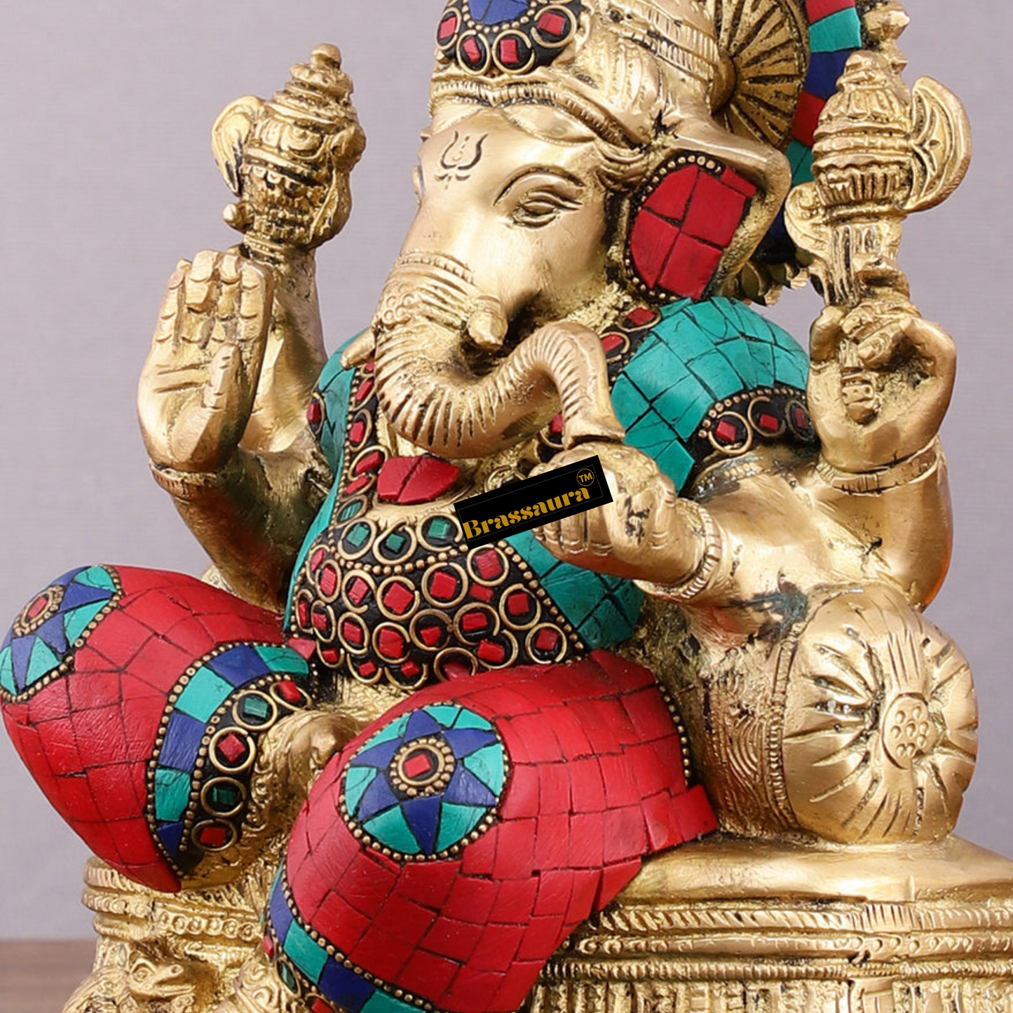 Brassaura™ Pure Brass Lord Ganesha Statue with Meenakari Stones – 8" Height, 3.5 kg – Elegant Spiritual Décor