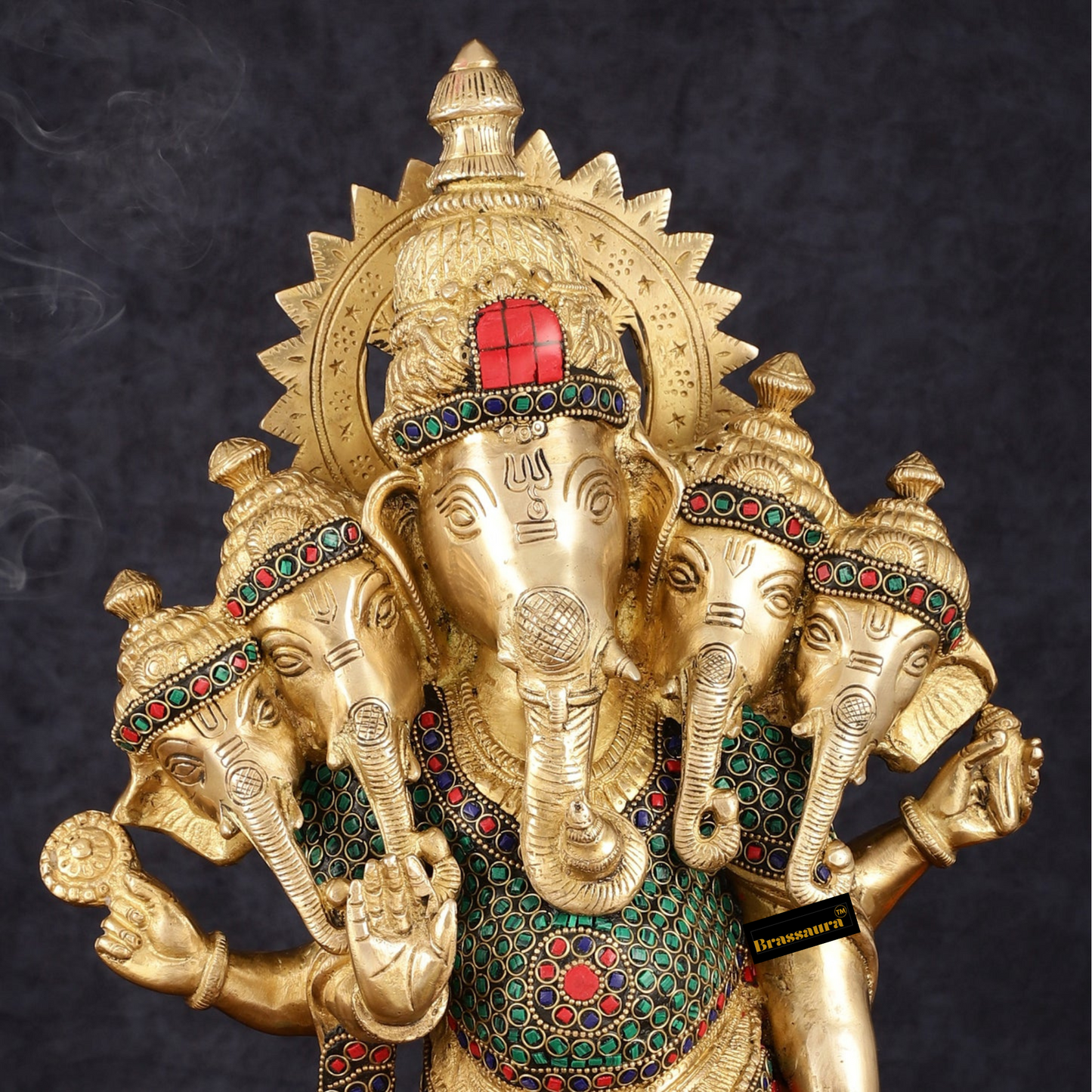 Brassaura™ Brass Superfine Standing Panchmukhi Ganesha Statue – 19" Height, 12.15 kg – Intricate Stonework