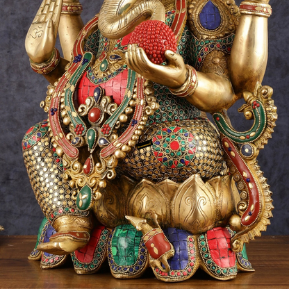 Brassaura™ Pure Brass Ganesha Idol with Natural Stones | Height 21 inch | Weight 25 Kg | Spiritual Home Decor