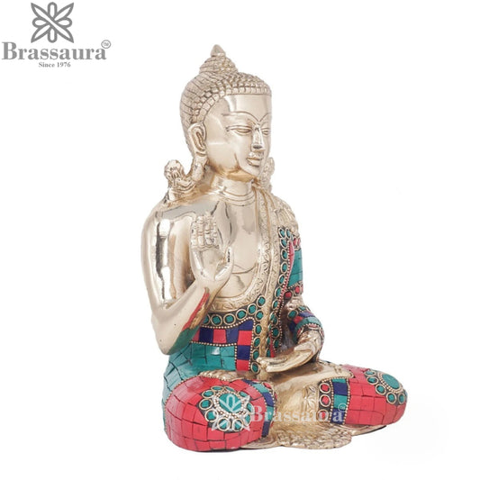 Brassaura® Buddha Sitting in Abhaya Mudra with Turquoise, Red & Blue Inlay and Silver & Gold Finish | Pure Superfine Brass Handcrafted Murti | Brass Statue for Home Temple, Pooja Room | Height 9.5 Inches | Weight 3.4 Kgs