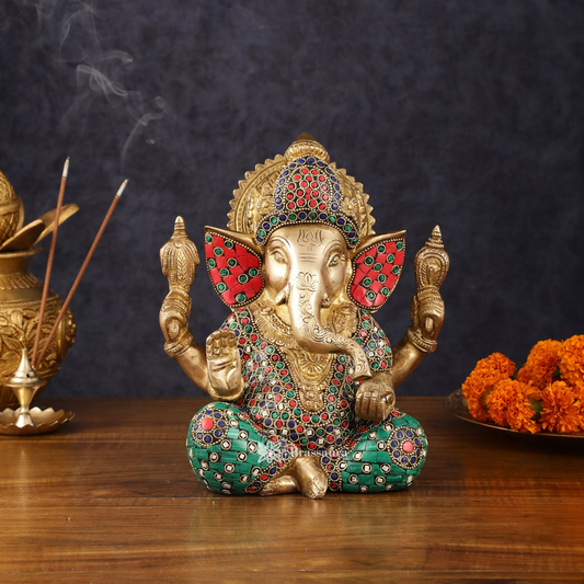 Brassaura™ Pure Brass Meenakari Ganesha Idol – 8 Inch Height | 4.7 kg | Handcrafted with Natural Color Stones | Spiritual Home & Office Décor