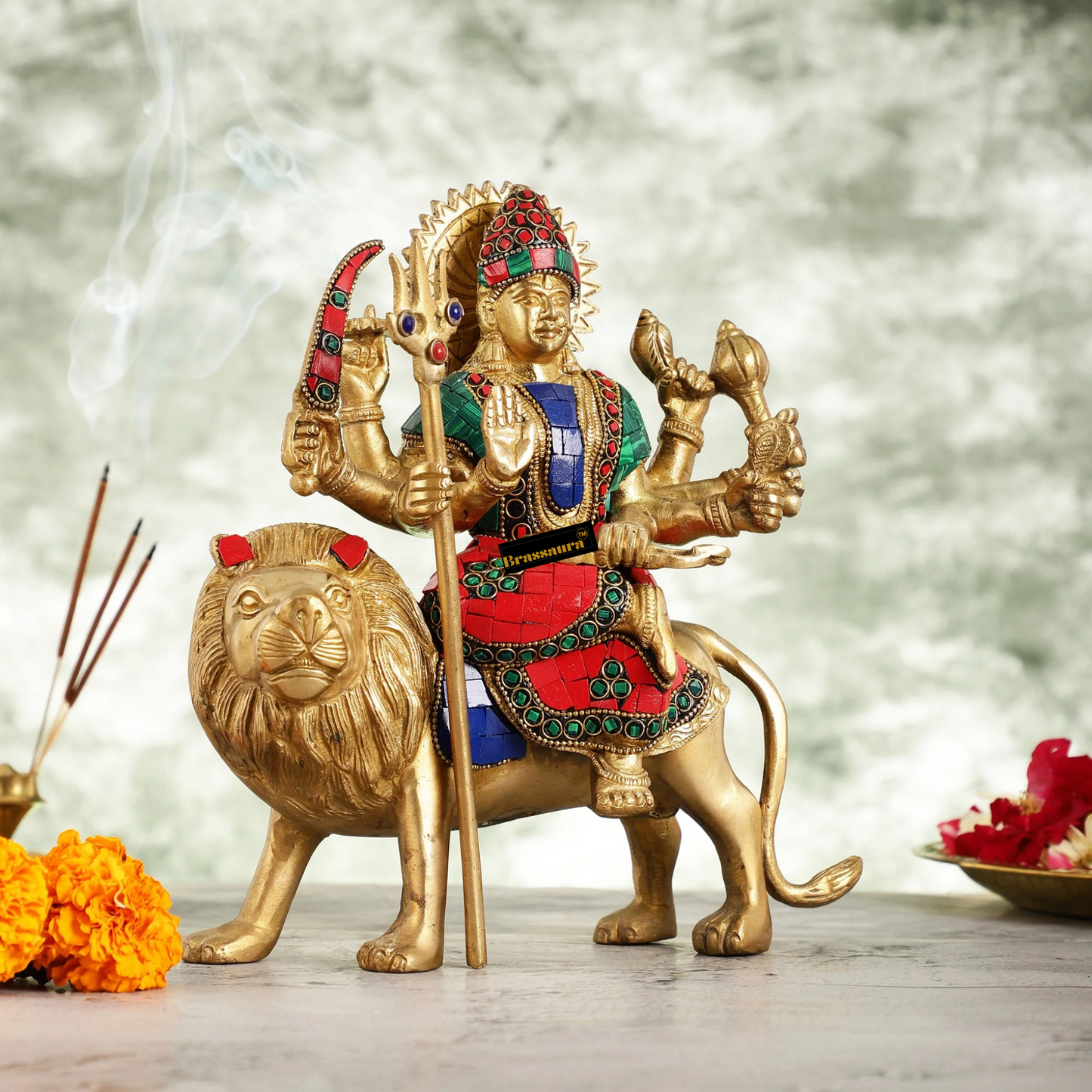 Brassaura™ Pure Brass Goddess Durga Idol – 3.5kg, 9-Inch – Golden Finish Handcrafted Statue for Protection & Prosperity