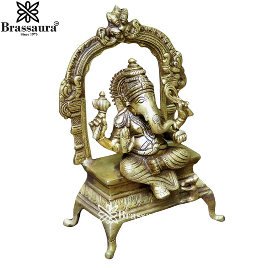 ब्रासौर्रा® पीतल की छोटी गणेश प्रतिमा प्रबावली के साथ | जटिल हस्तनिर्मित डिज़ाइन | ऊंचाई 6 इंच