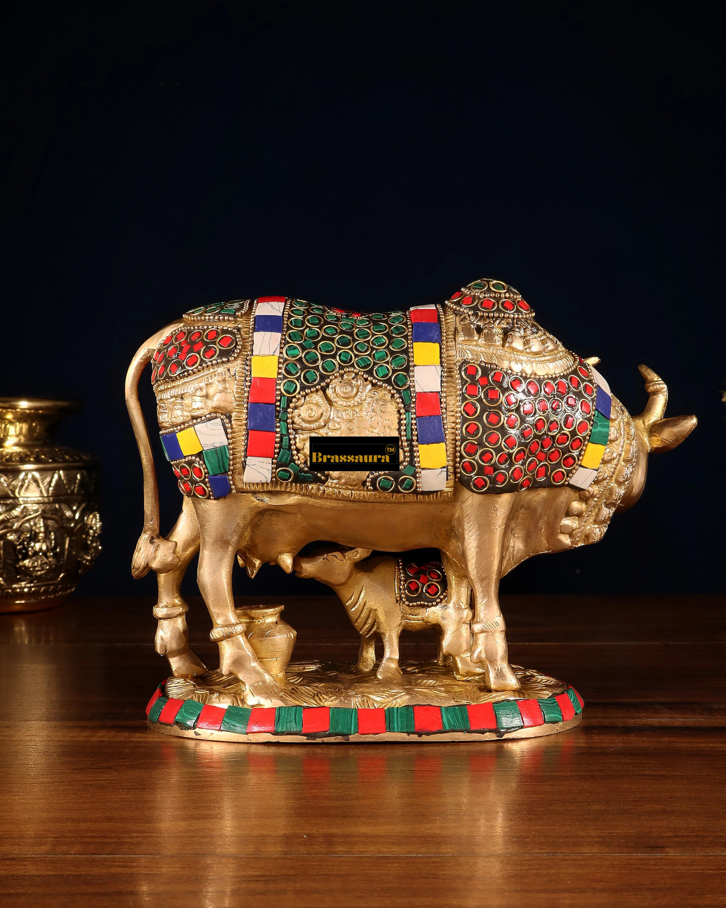 Brassaura™ Brass Kamdhenu Cow with Calf – Meenakari Stonework | 7 Inches Height | 3.25 Kgs Weight | Symbol of Prosperity & Protection