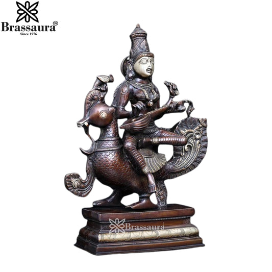 Brassaura™ Artistic Brass Saraswati Idol – Height 19 Inches & Weight 14.2 Kgs | Puja & Temple Décor