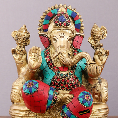 Brassaura™ Pure Brass Lord Ganesha Statue with Meenakari Stones – 8" Height, 3.5 kg – Elegant Spiritual Décor