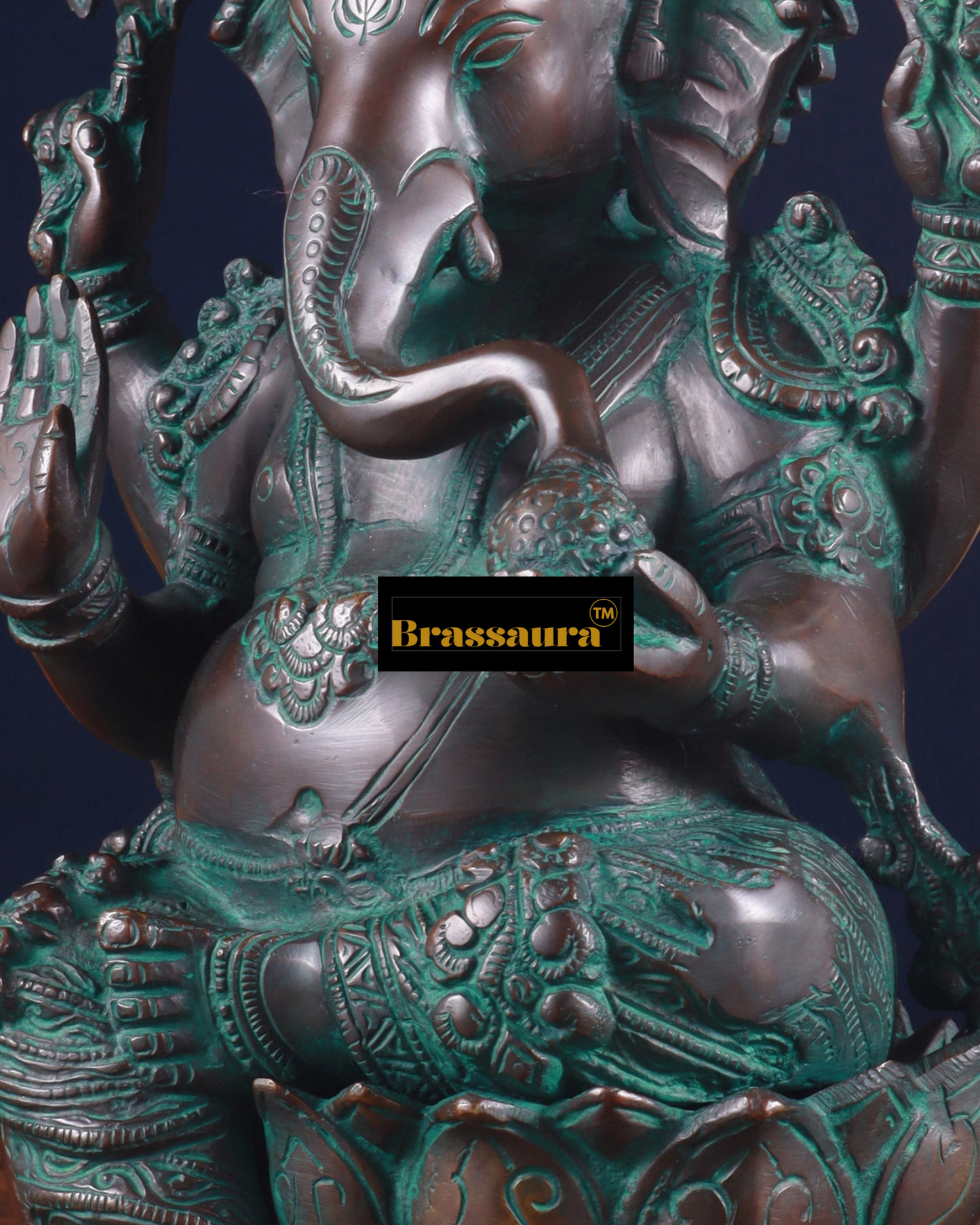 Brassaura™ Handcrafted Pure Brass Ganesha Idol with Bronze & Mud Green Patina – 12.25" Height, 8 kg – Lotus Base Divine Décor