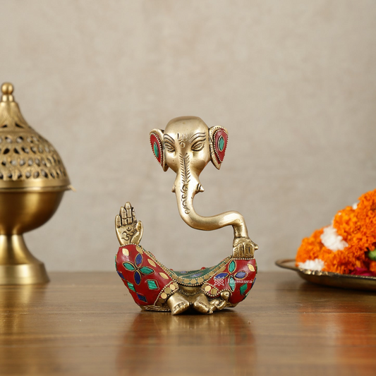 Brassaura™ Contemporary Brass Modern Ganesha Idol – 6 Inch Height | 1 kg | Meenakari Stonework | Unique Modern Décor