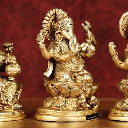 Brassaura™ Brass Trio – Ganesha, Lakshmi & Saraswati Idols | Height 5 Inches, Weight 3 Kgs | Auspicious Set