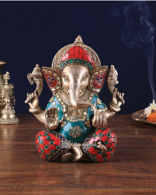 Brassaura® Brass Taj Ganesha Idol with Stonework – 8" Height – Intricately Crafted with Sharp Features