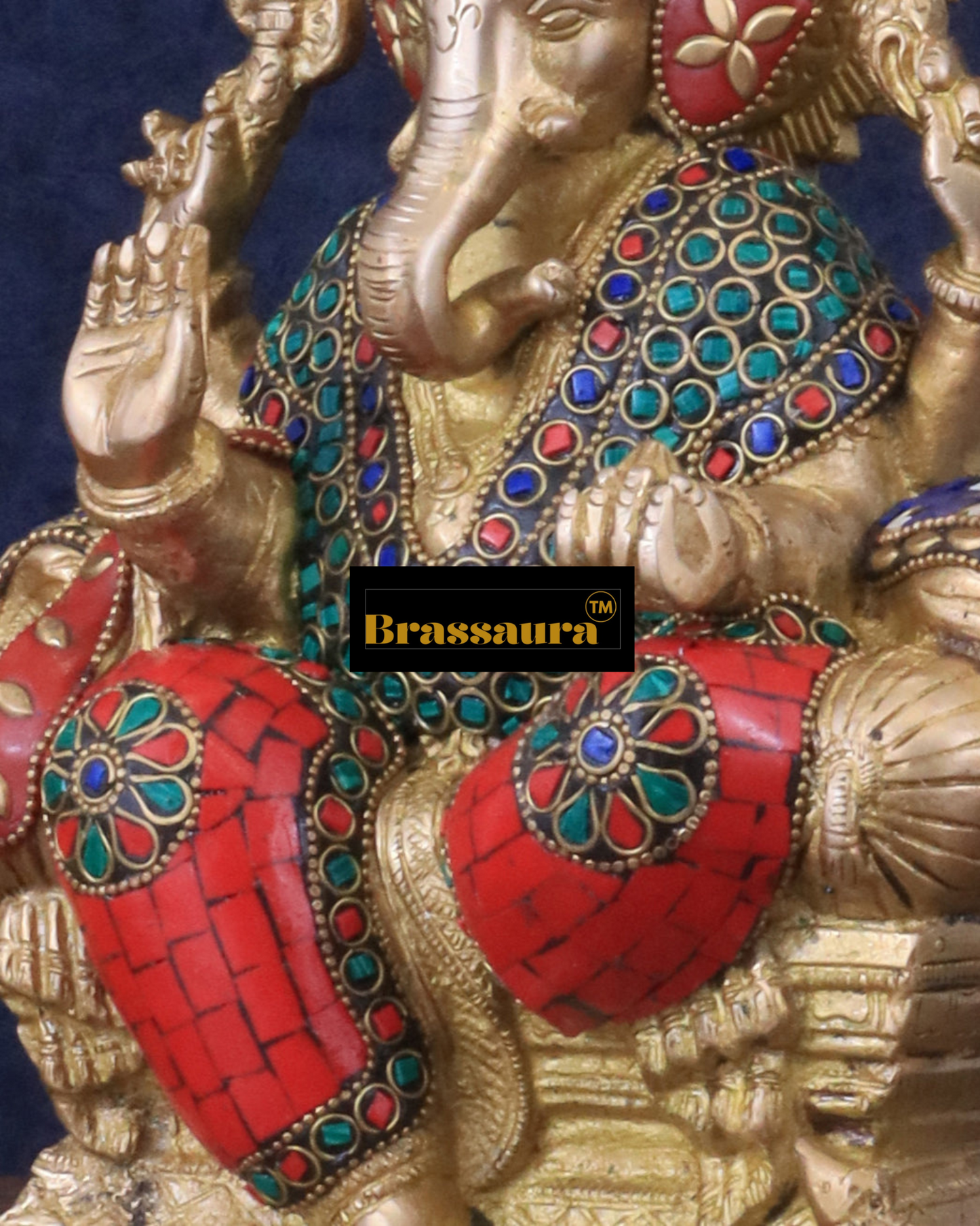 Brassaura™ Handcrafted Brass Ganesha Idol – 10" Height, 5 kg – Meenakari Stonework for Home & Office Décor