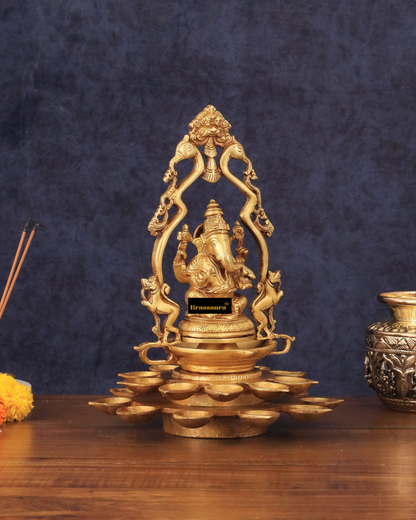 Brassaura™ Pure Brass Ganesha Statue with Diyas & Thiruvachi Frame – 12" Height, 3.8 kg – Divine Home Decor