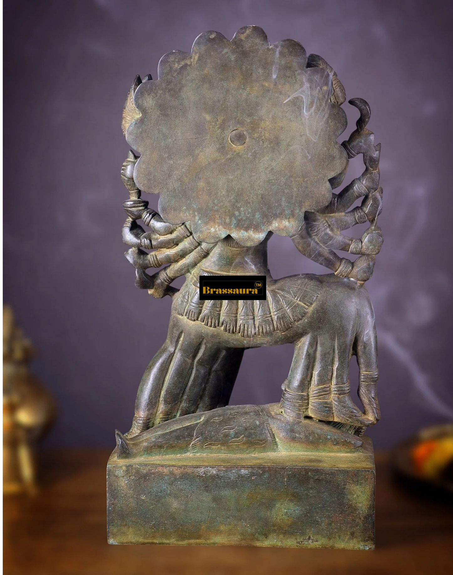 Brassaura™ Mahakali Brass Idol – 10 Heads | 10kg | 15" Height – Handcrafted | Vintage Finish