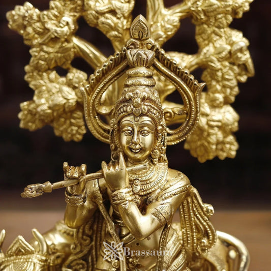 Brassaura® Lord Krishna Playing Flute Under Kadamba Tree with Cow Idol with Polished Finish | Pure Superfine Brass Handcrafted Murti | Brass Statue for Home Temple, Pooja Room | Height 16.5 Inches | Weight 8.52 Kgs