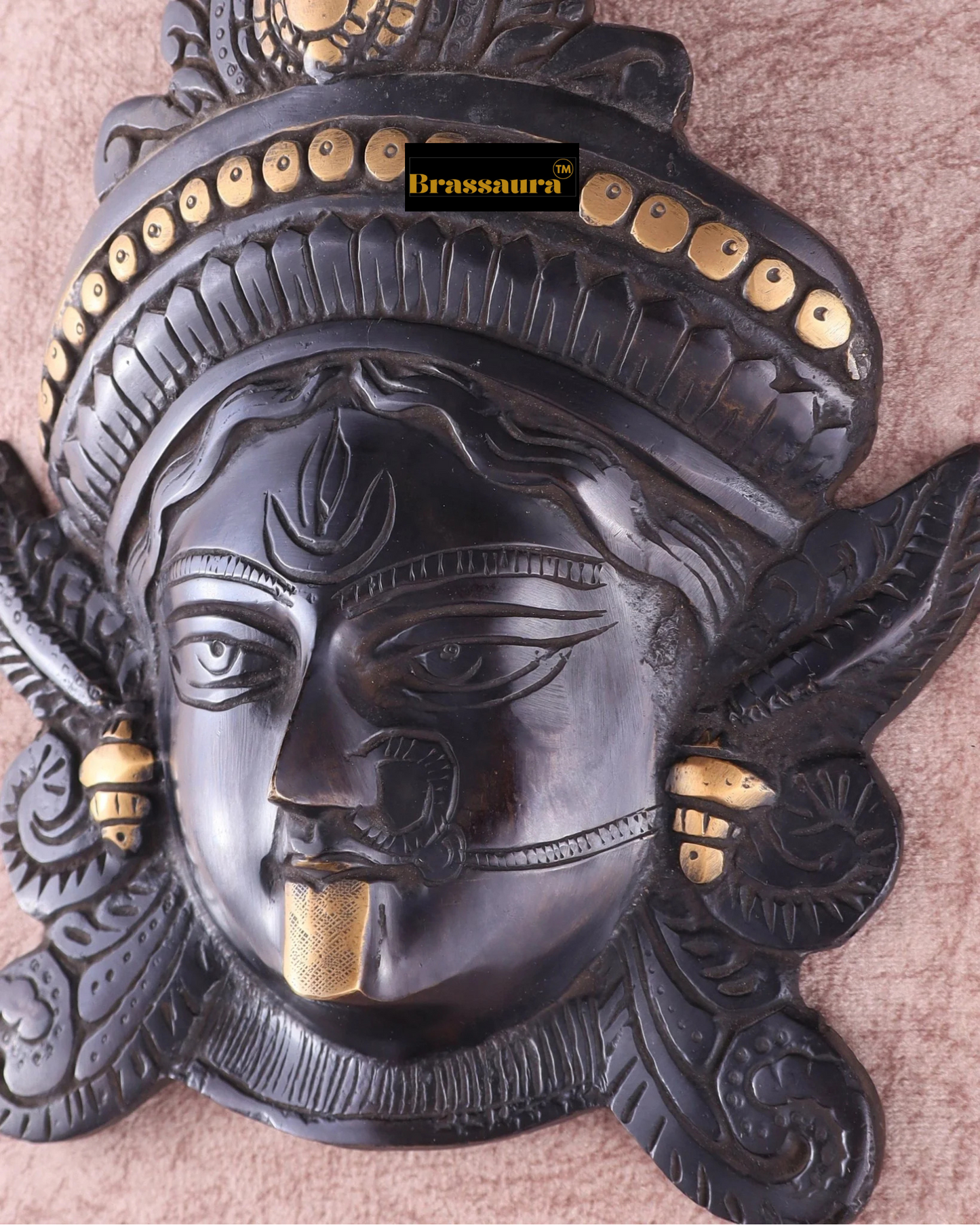 Brassaura™ Goddess Durga Brass Wall Mask – 2.2kg | 10.5" Height – Black Finish | Handcrafted Wall Mount