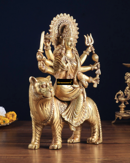 Brassaura™ 12-Inch Pure Brass Sherawali Mata Idol – 4.8kg – Handcrafted Durga Statue on Tiger for Strength & Protection