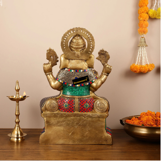 Brassaura™ Brass Lord Ganapati Statue with Intricate Stonework – Height 24 Inches, Weight 26 Kgs