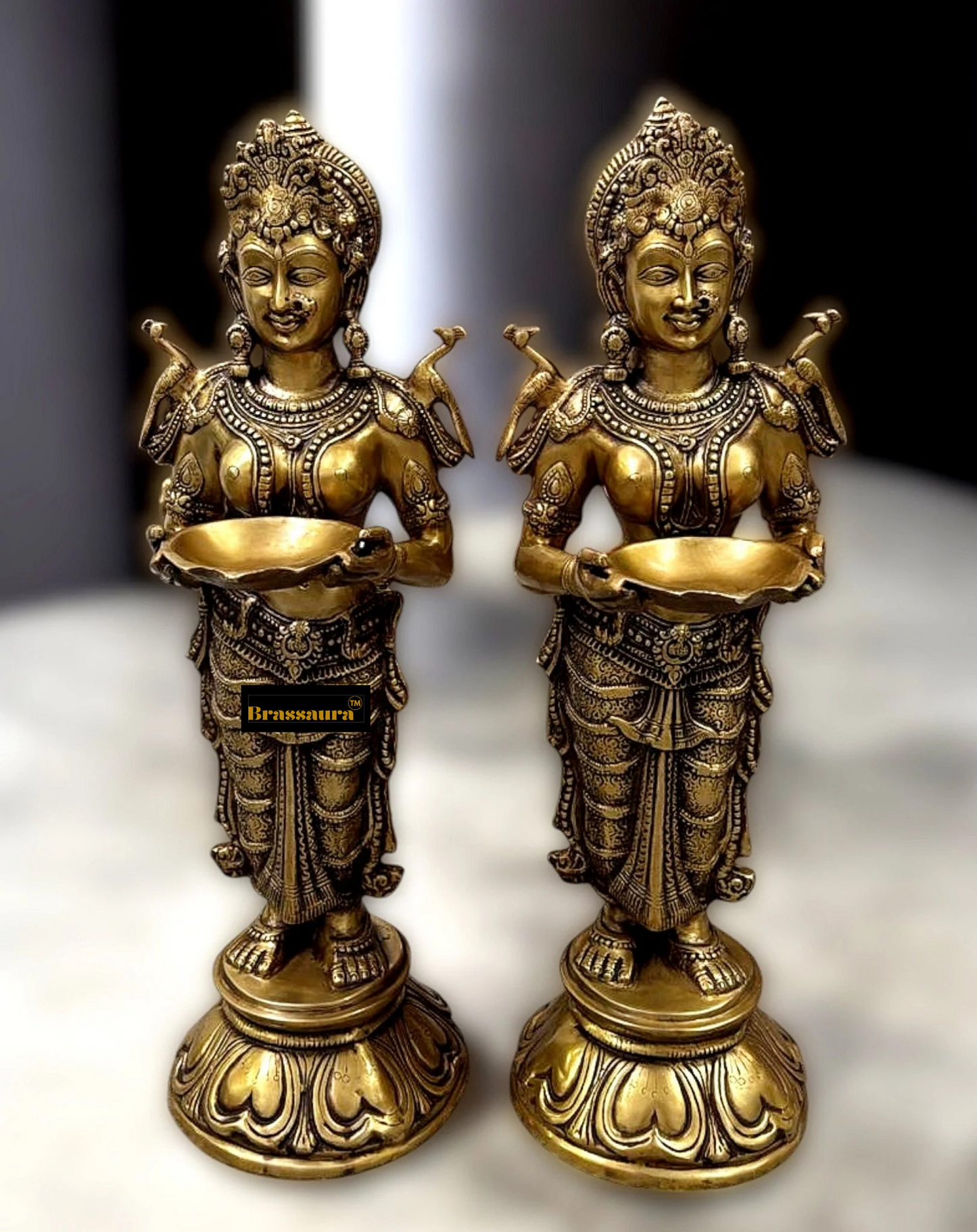Brassaura™ Handcrafted Brass Oil Lamp (Pair) with Sturdy Base | 30 Inches Height | 32 Kgs (Pair) | Ideal for Prayer & Meditation