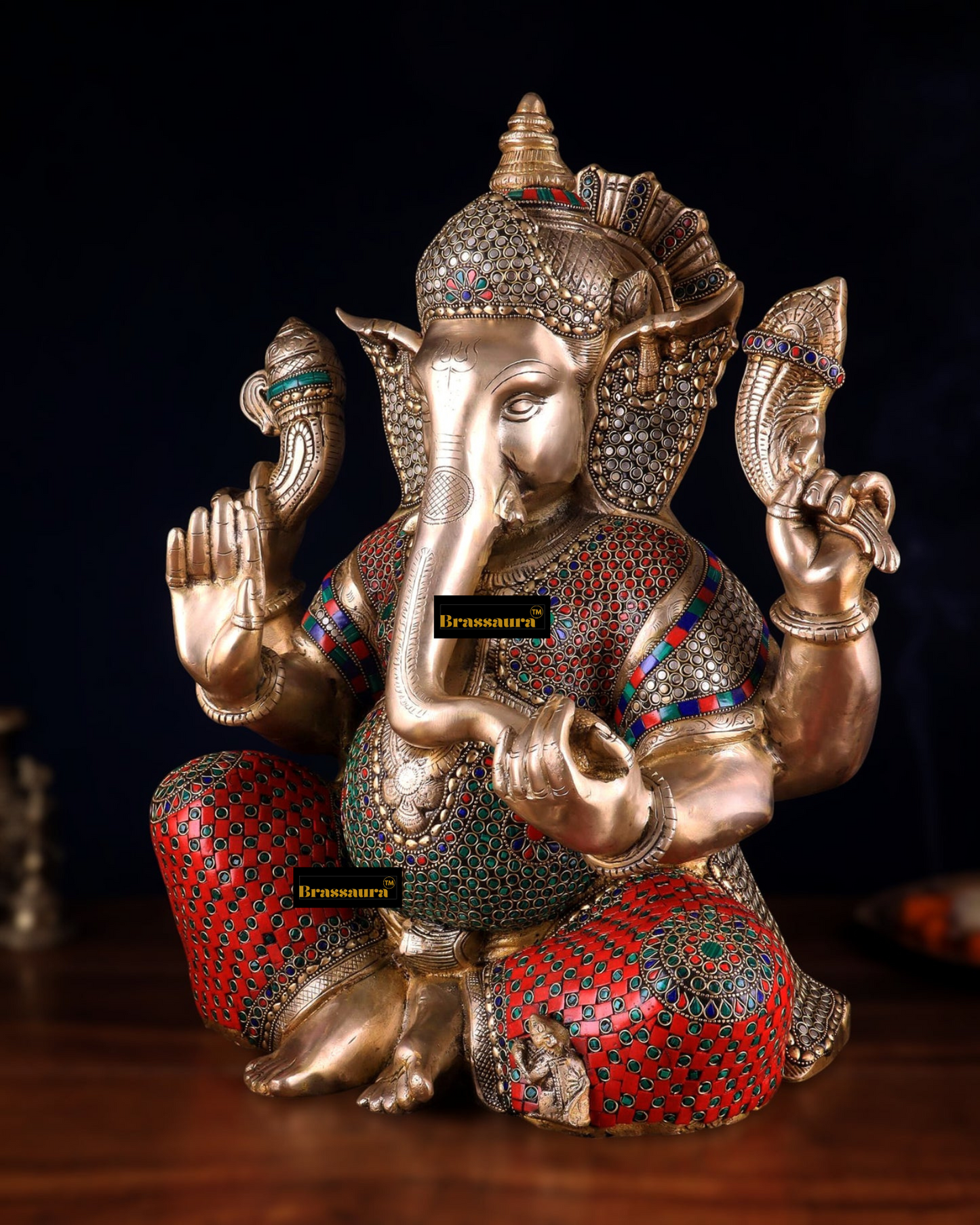 Brassaura™ Pure Brass Ganesha Statue with Flora Meenakari – 20" Height, 22 kg – Elegant Spiritual Masterpiece