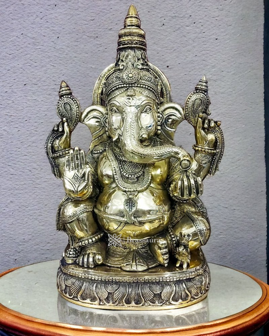 Brassaura™ Brass Lord Ganesha Statue with Crown Detailing – Height 20 Inches, Weight 23 Kgs