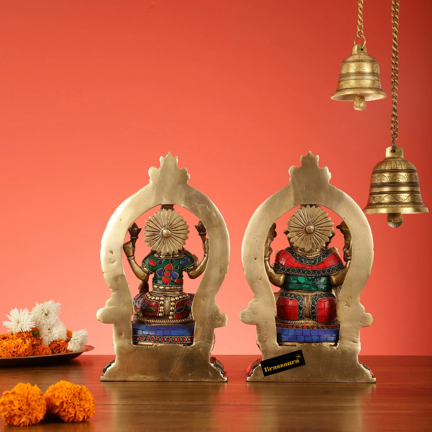 Brassaura™ Brass Lord Ganesha & Goddess Lakshmi Idol Pair with Stonework – Height 11.5 Inches, Weight 8 Kgs