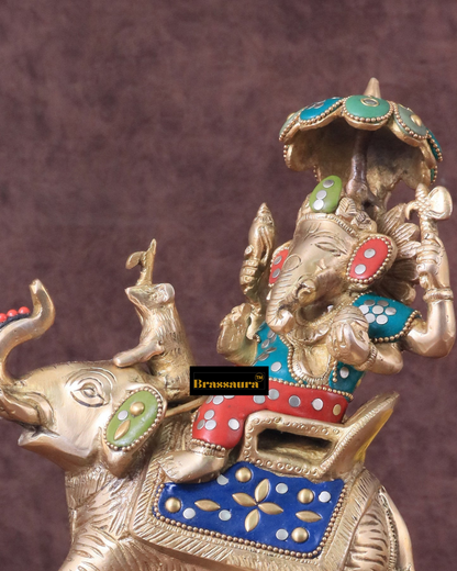 Brassaura™ Handcrafted Brass Ganesha on Ambari – 9.5" Height, 3 kg – Meenakari Stonework Idol