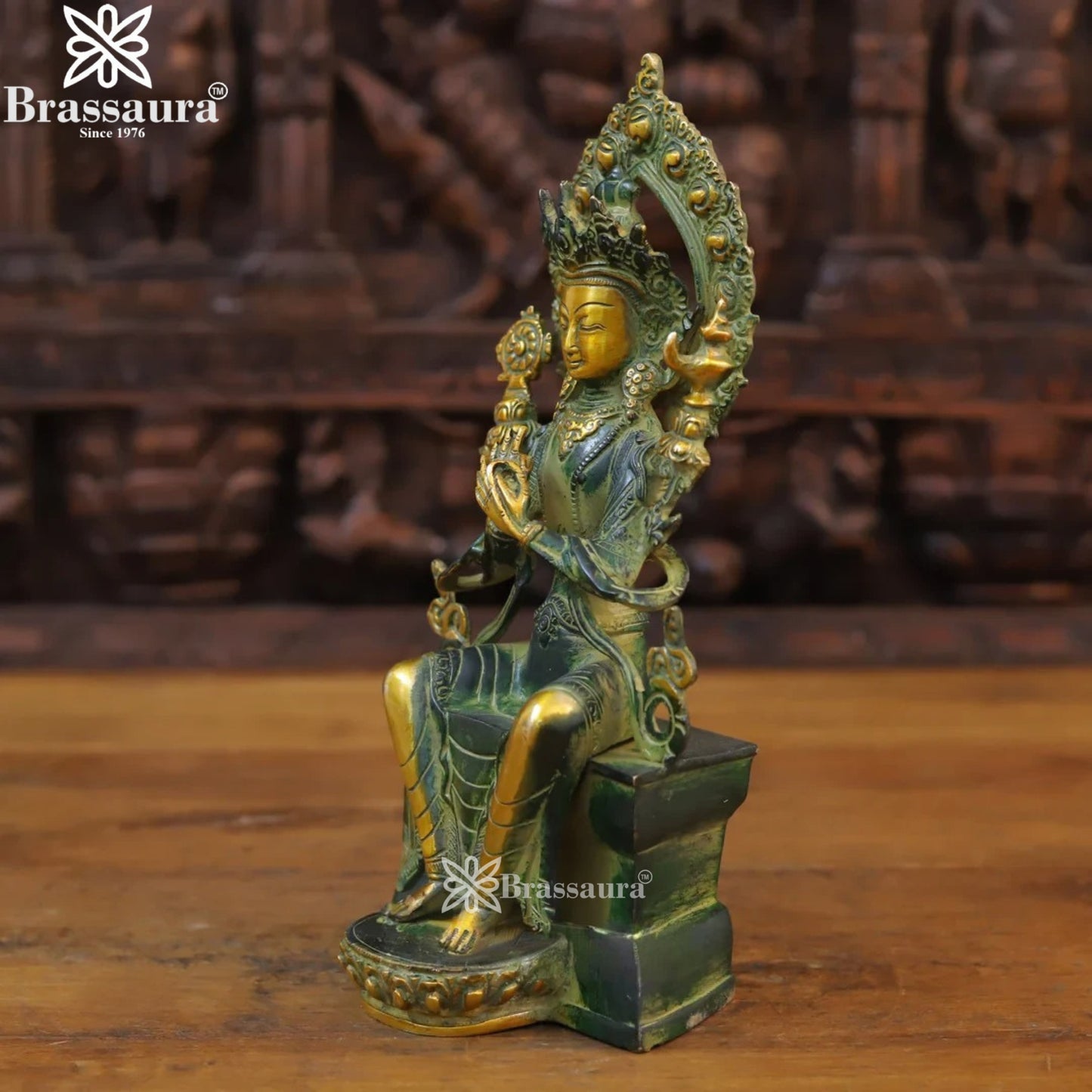 Brass Vintage Gold Tara Statue Weight 2.86 Kg And Height 11.5 Inch