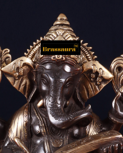 Brassaura™ Brass Lord Ganesha Writing Statue – 7.5" Height, 2.8 kg – Black Tone Finish | Symbol of Wisdom & Learning