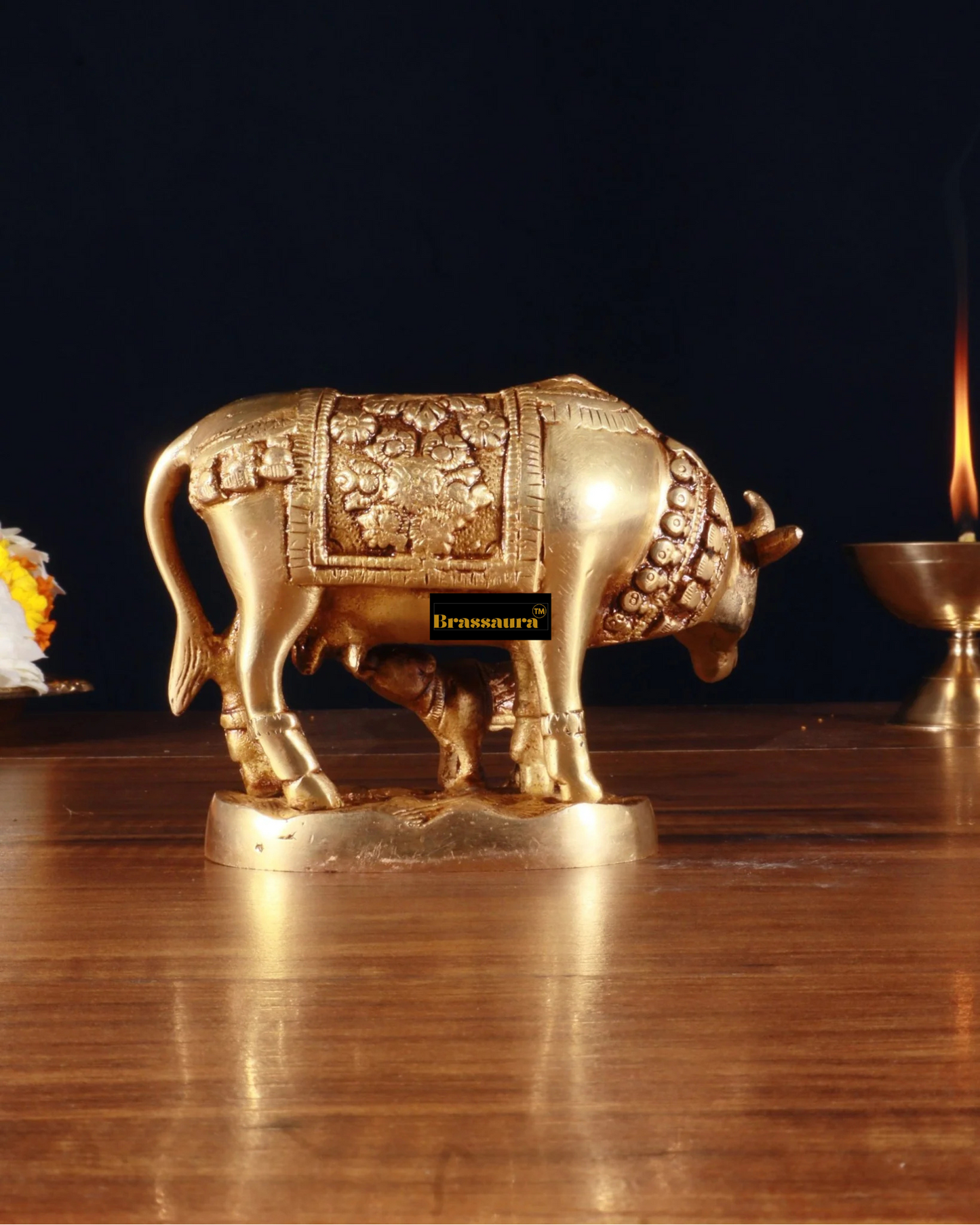 Brassaura™ Handcrafted Brass Kamdhenu Cow with Calf Idol | 3.8 Inches Height | 915g Weight | Symbol of Abundance & Prosperity