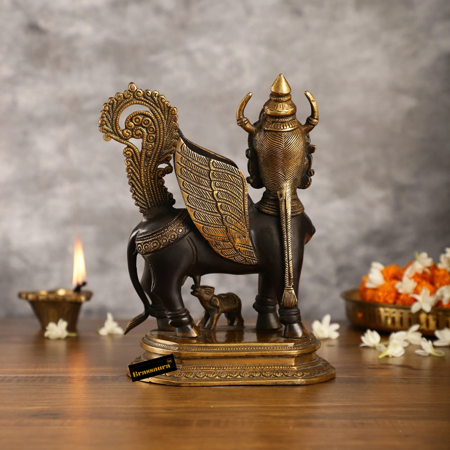 Brassaura™ Handcrafted Brass Kamdhenu Cow with Calf Statue | 10 Inches Height | 5 Kgs Weight | Elegant Black & Gold Finish