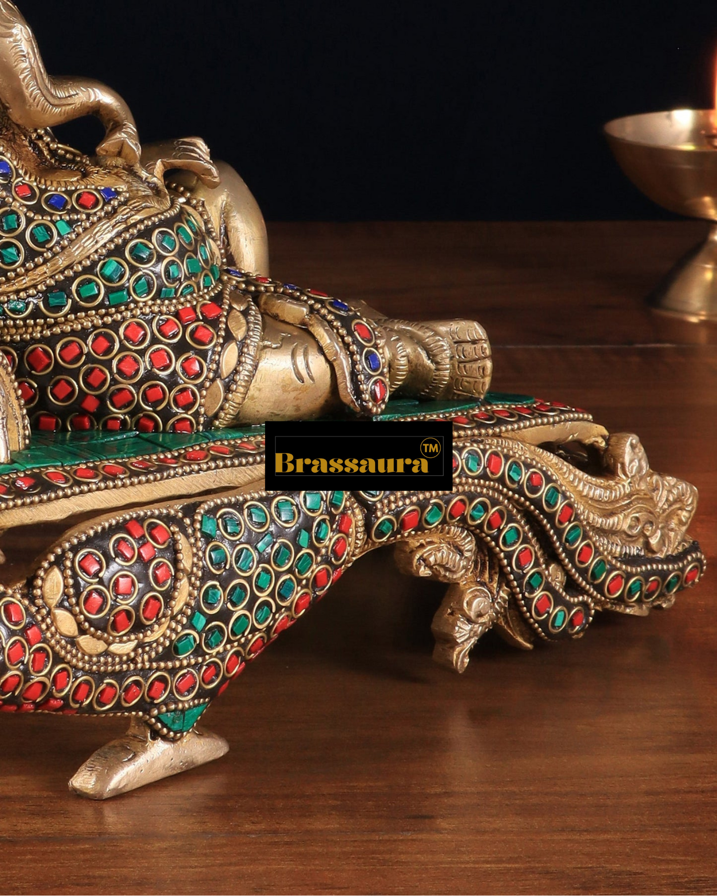Brassaura™ Handcrafted Ganapathi on Peacock Throne – 7.5" Height, 4.5 kg – Brass Statue with Multicolored Stones